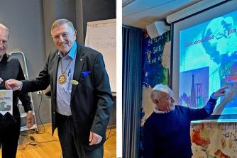 Venstre billede: Præsident Kent Wemnér forærer Malmö Södras vimpel till Peter Eisø som er præsident i Kastrups Rotary Kklub. Højre billede: Lutz viser lastbiltransport af en tømmerbærende elefant i Indien.
